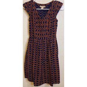 Mata Traders Blue Orange Geometric Midi Dress Pockets Boho Short Sleeve Size XS